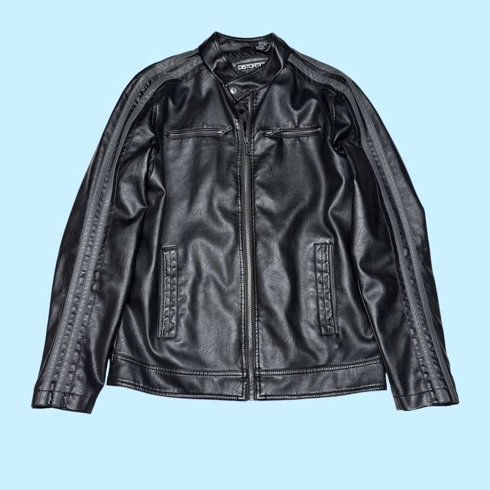 Distortion Comfort & Style Mens Black Faux Leather Racer Jacket Grey Stripes M
